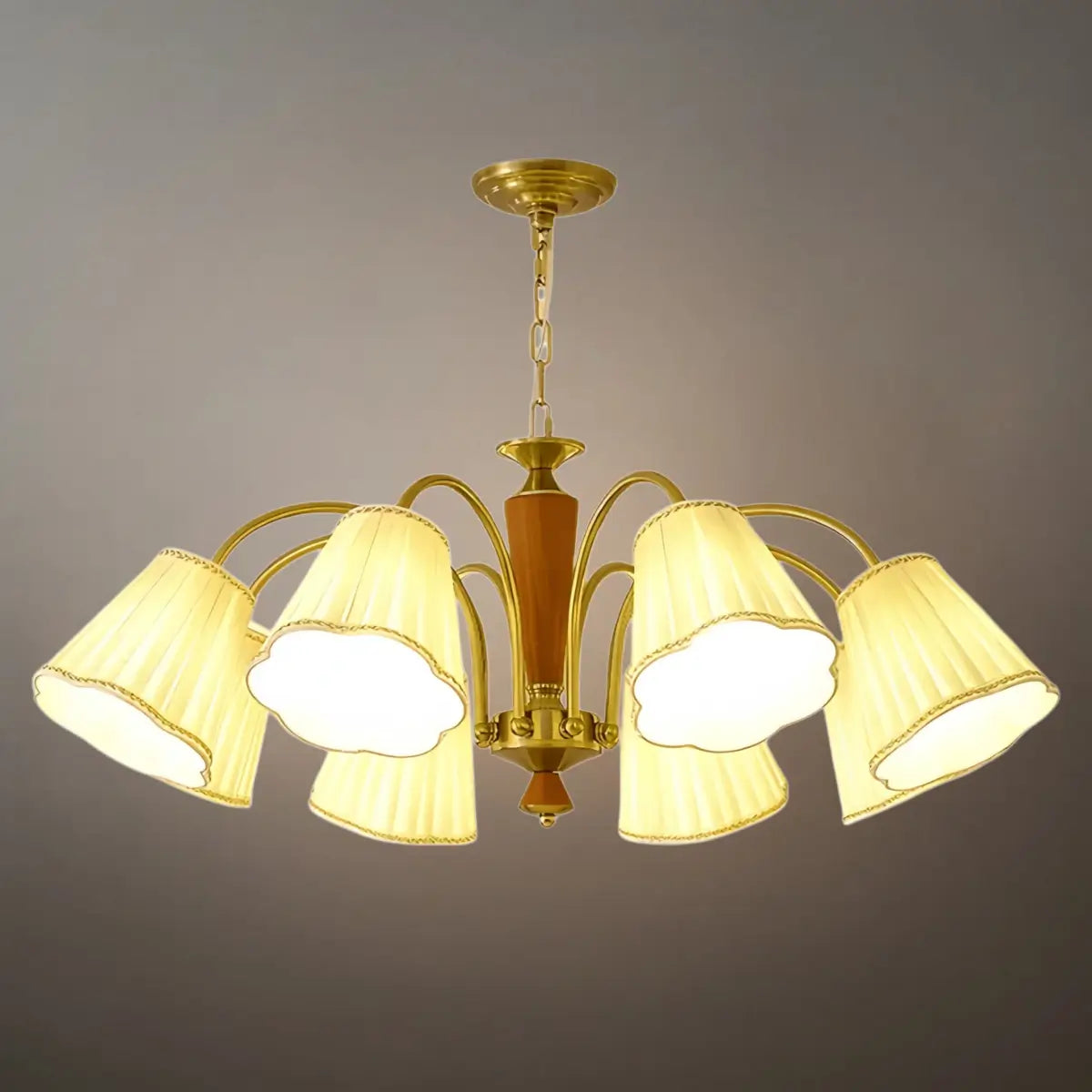 Modern Ceiling Lingt — Metal, Fabric & Walnut Wood with Gold & Walnut